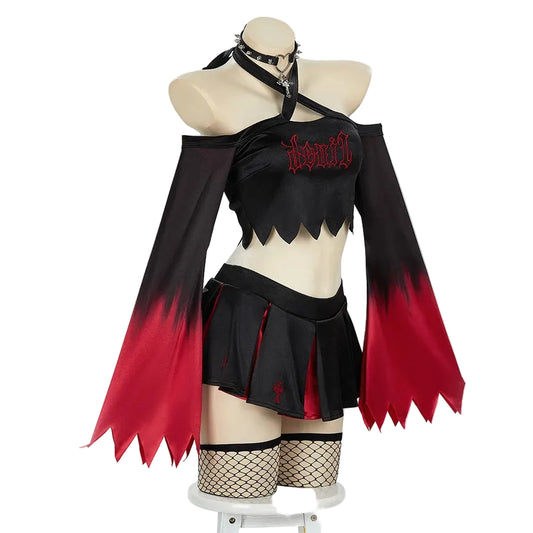 Women's Cropped Long Sleeve Top and Pleated Mini Skirt Costume Set with Accessories