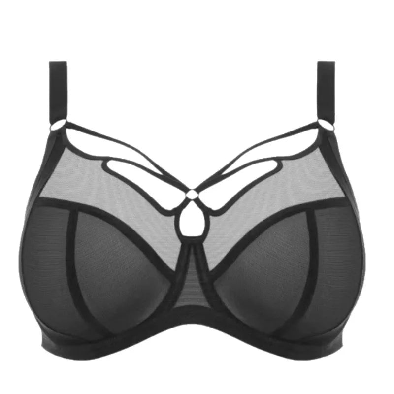 Elegant Sheer Mesh Underwire Minimizer Bra with Strappy Center Detailing