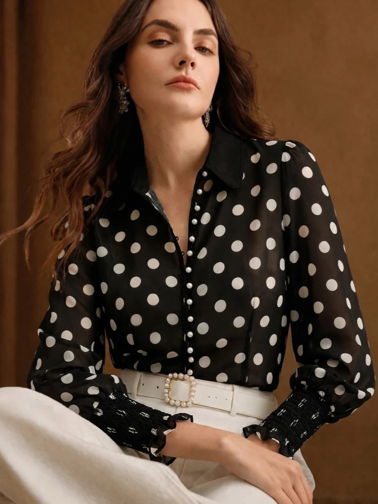 Sheer Polka Dot Chiffon Blouse with Solid Contrast Collar and Voluminous Puff Sleeves