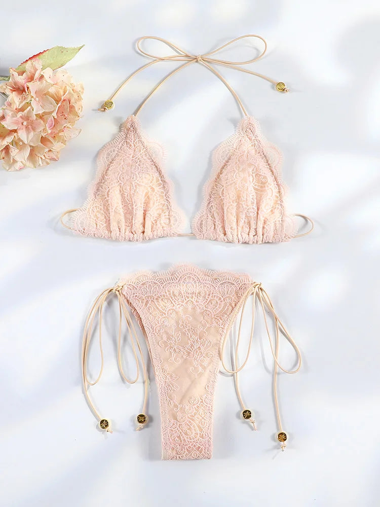 Pastel Lilac and Yellow Lace-Textured String Bikini with Beaded Accents