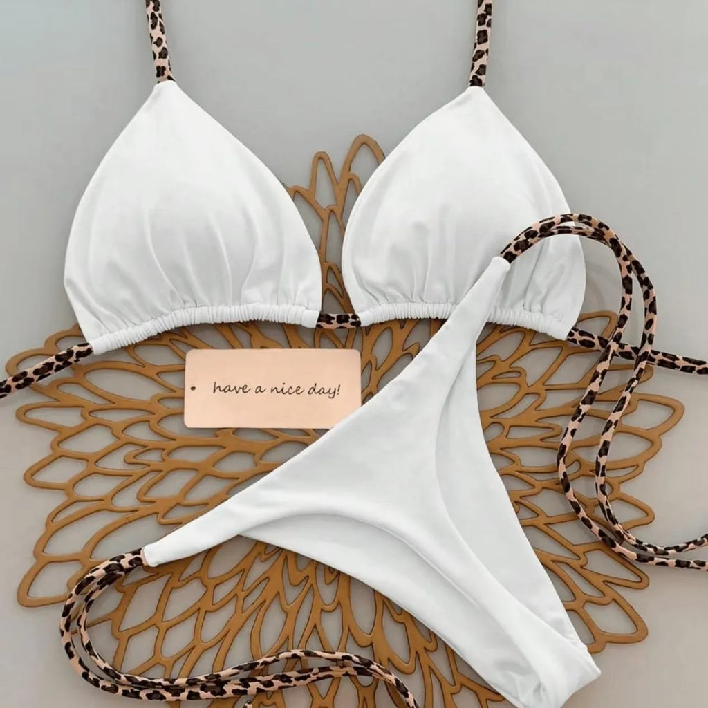 Contrast Leopard Strap Two-Piece Bikini with High-Cut Silhouette