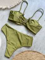 Olive Green Bandeau Bikini Set with Center Hardware and Ruched Detailing