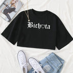 Women's Gothic Typography Crop Top for Contemporary Streetwear Casual Everyday Fashion Style
