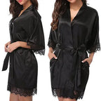 Vibrant Red Satin-Finish Lounging Robe with Delicate Scalloped Lace Trim