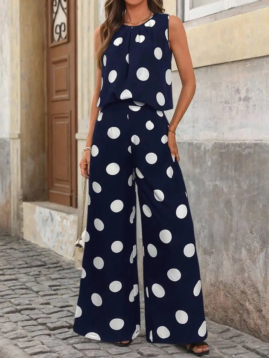 Women's Polka Dot Sleeveless Top and Wide Leg Pants Co-Ord Set