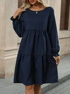 Tiered Long Sleeve A-Line Mini Dress with Relaxed Flowing Silhouette