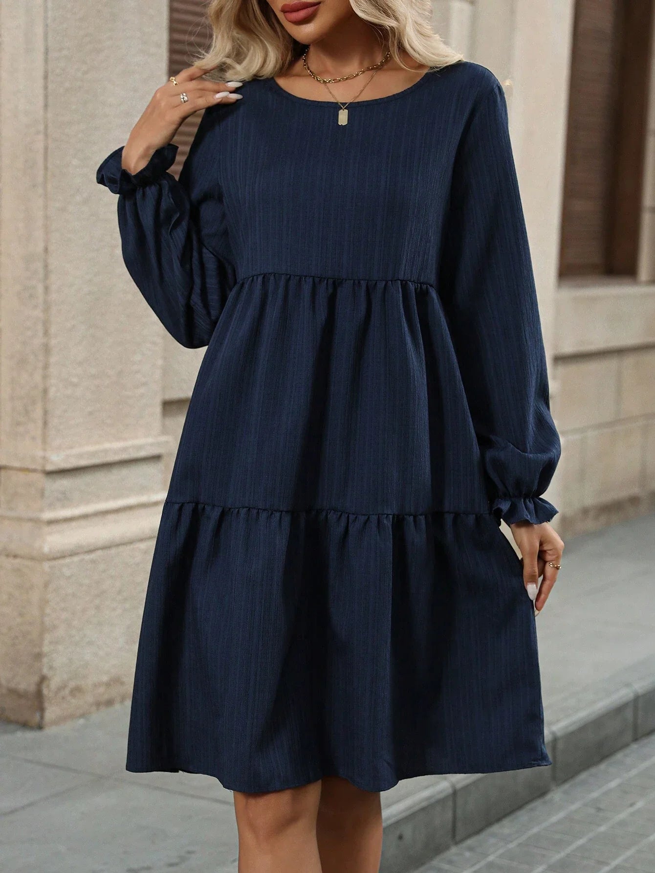 Tiered Long Sleeve A-Line Mini Dress with Relaxed Flowing Silhouette
