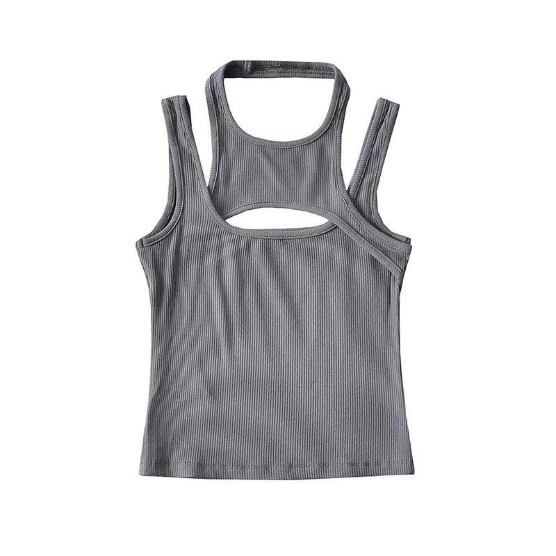 Asymmetrical Cut-Out Ribbed Tank Top with Sleeveless Slim Fit Streetwear Design