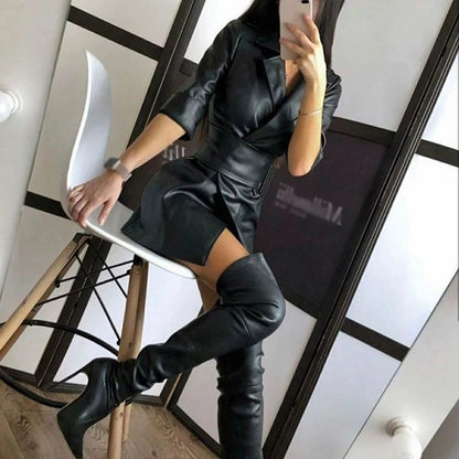 Faux Leather Wrap Mini Dress with Long Sleeves and Tailored Fit
