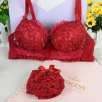 Pastel Floral Lace Contoured Push-Up Bra and Ruffled Cheeky Panty Set with Satin Bow Accents