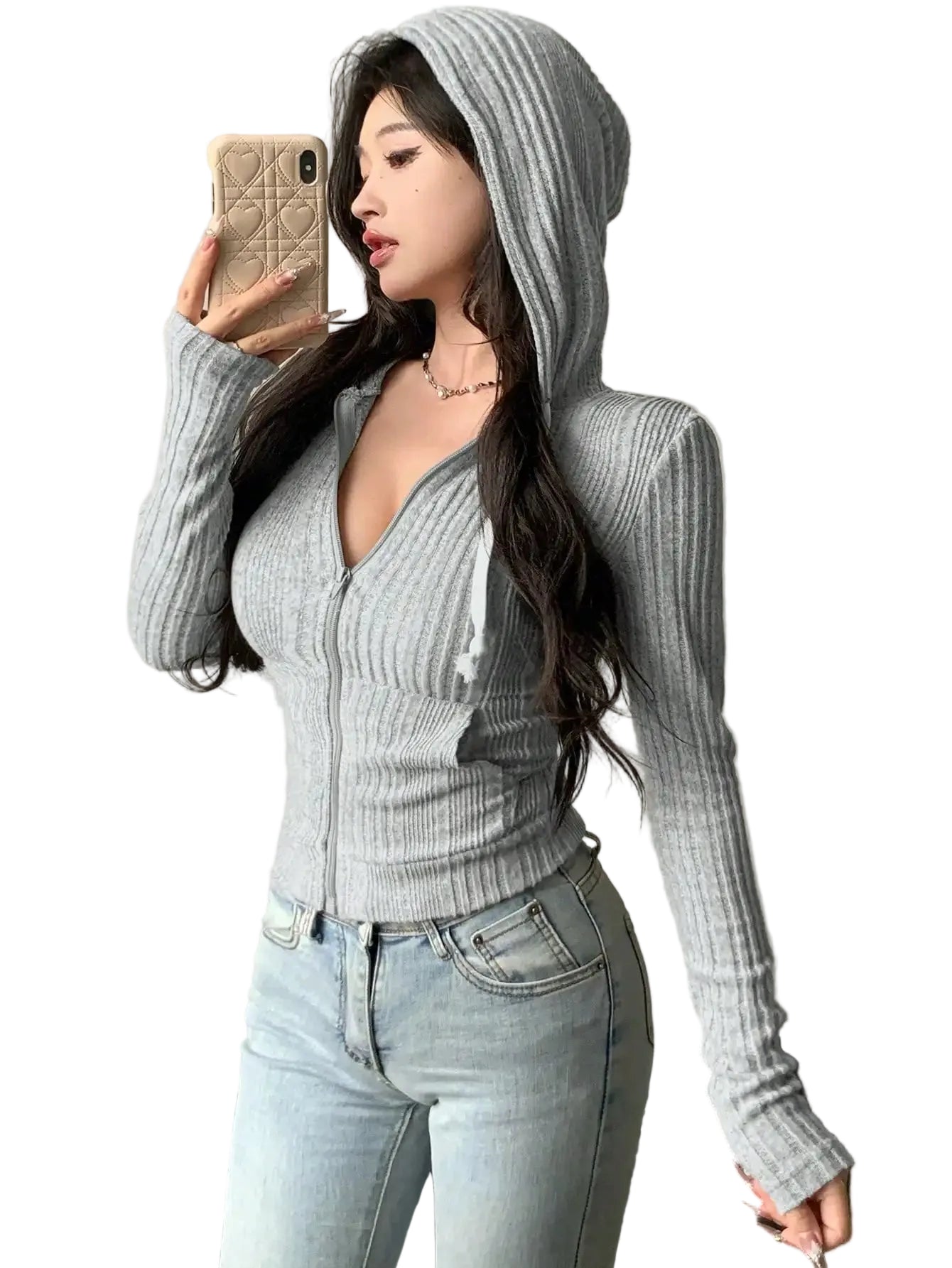 Women's Lightweight Ribbed Zip-Up Hoodie with Relaxed Everyday Casual Layering Style