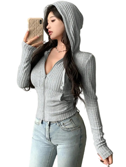 Women's Lightweight Ribbed Zip-Up Hoodie with Relaxed Everyday Casual Layering Style