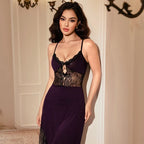 Deep Plum Satin-Finish Maxi Slip Dress with Sheer Black Lace Midriff and High Slit