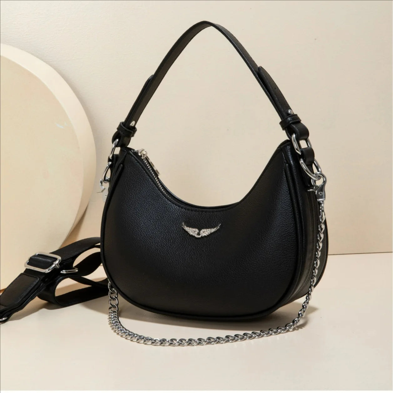 Minimalist Crescent Shoulder Bag with Chain Accent Adjustable Crossbody Strap