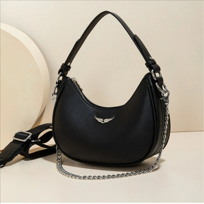 Minimalist Crescent Shoulder Bag with Chain Accent Adjustable Crossbody Strap