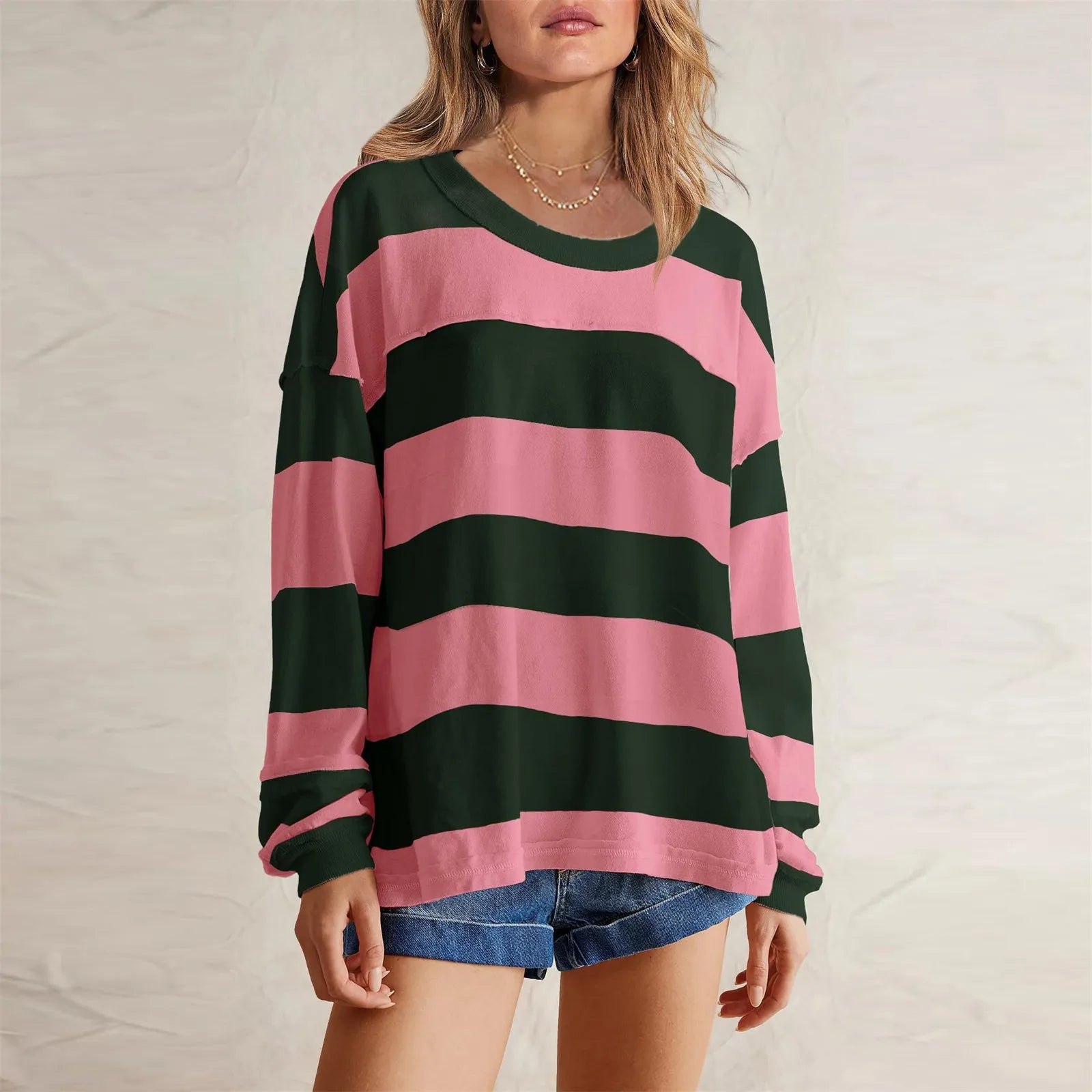 Women's Relaxed Striped Knit Pullover with Long Sleeves for Casual Everyday Streetwear Style