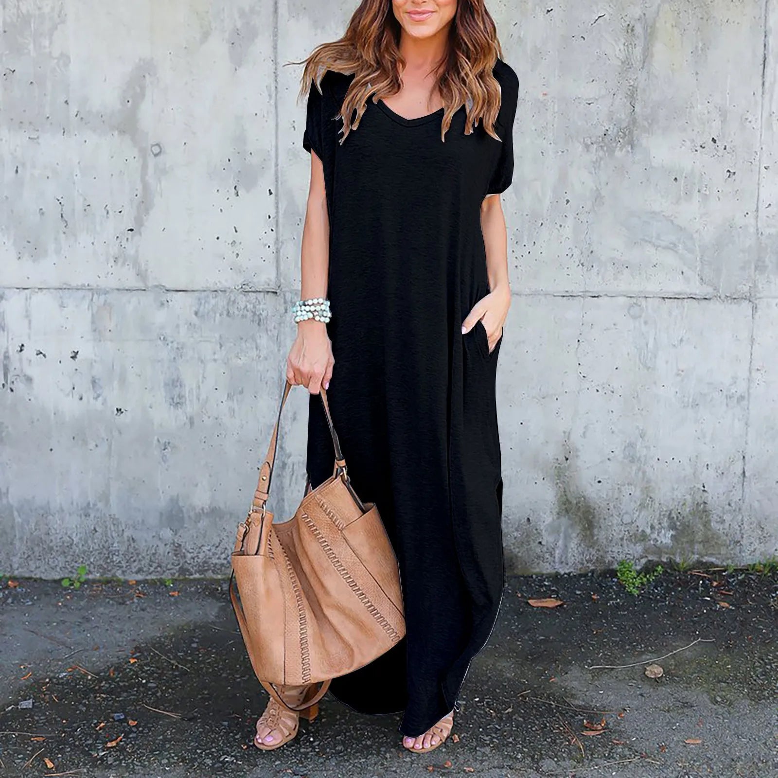 Oversized Short Sleeve Maxi Dress with Side Slit Relaxed Silhouette