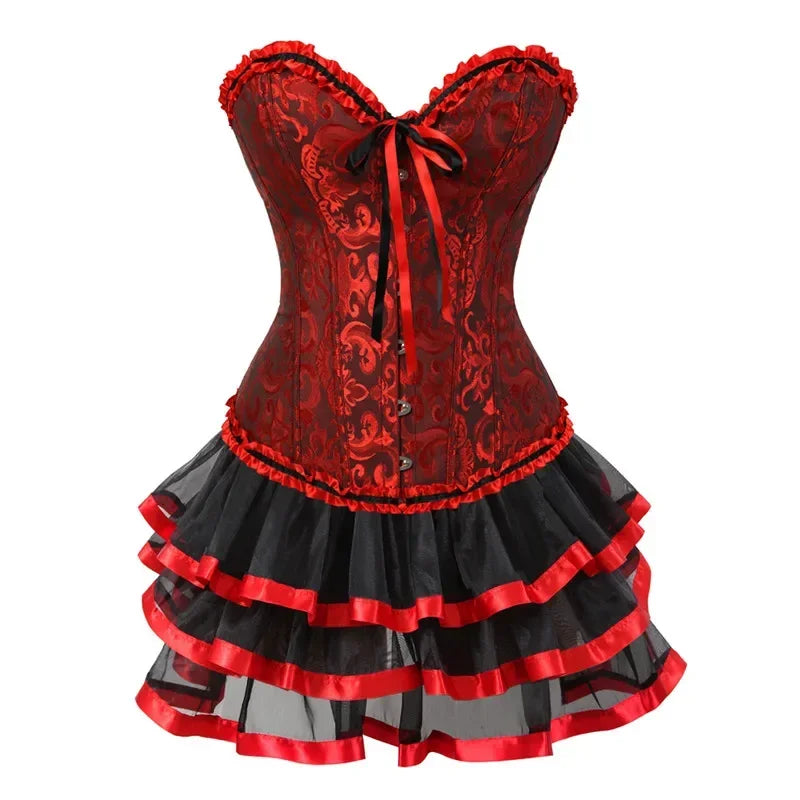 Ruffle Hem Overbust Corset Dress with Lace-Up Front and Layered Skirt