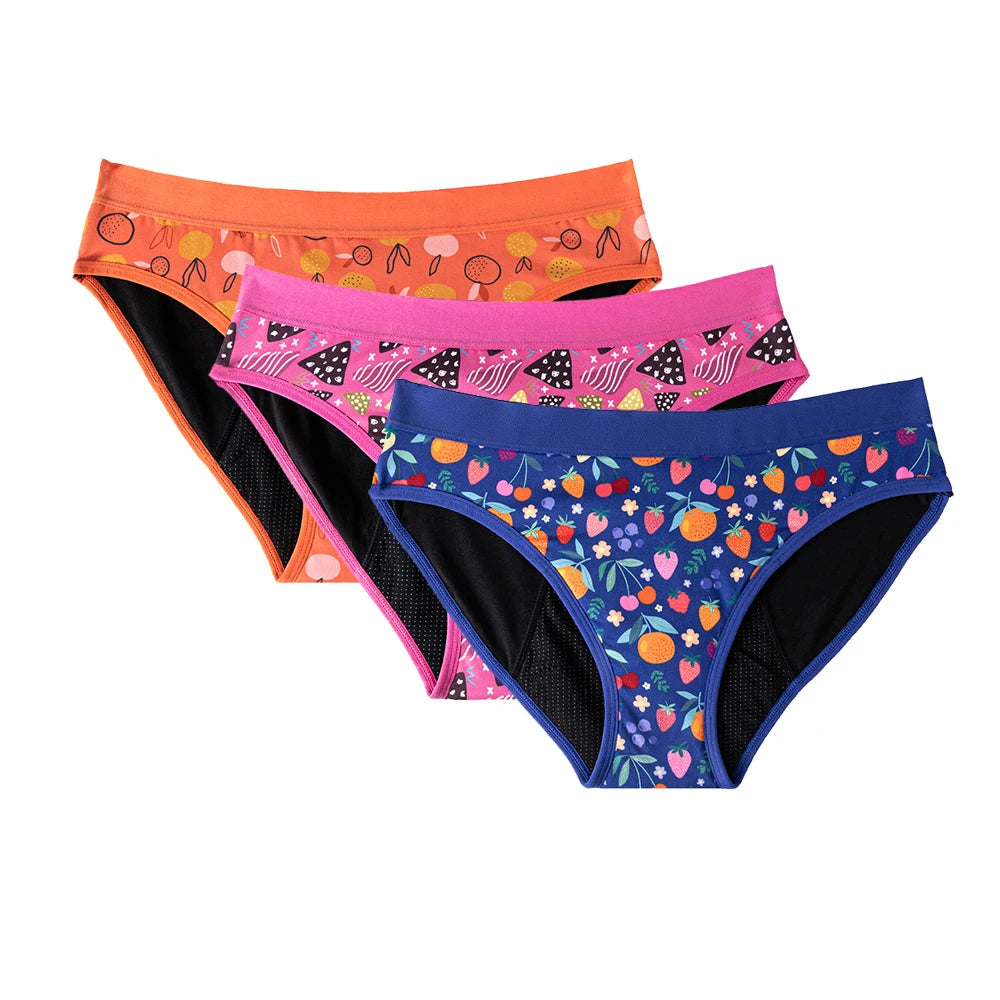 Three-Piece Floral Print Menstrual Brief Set with Contrast Waistbands