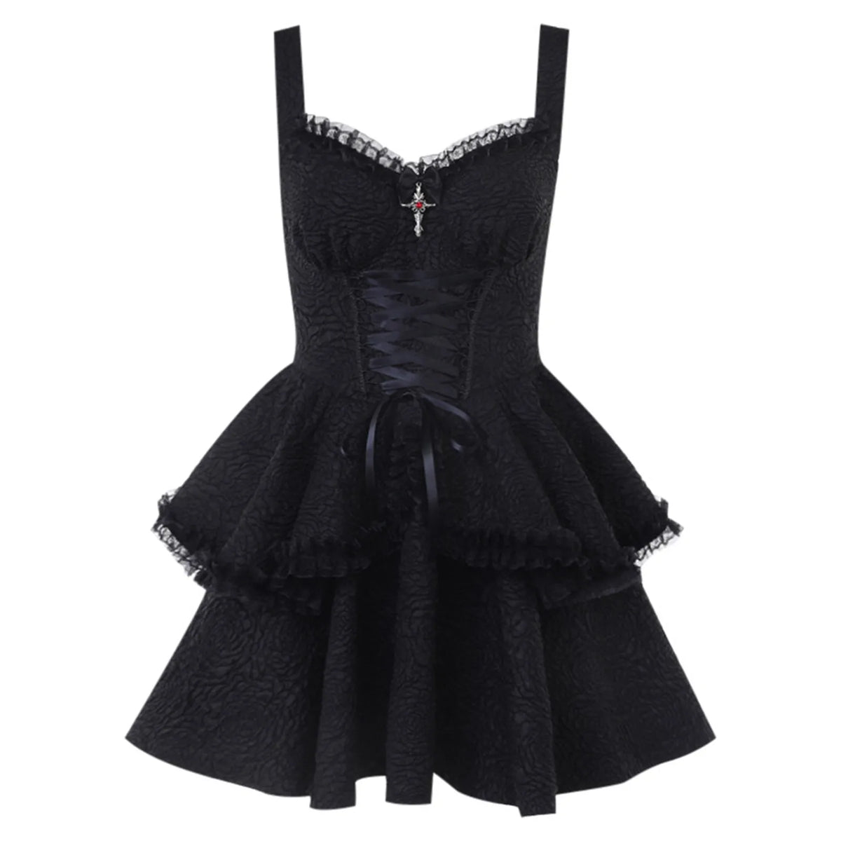 Dark Romantic Black Lace-Up Mini Dress with Layered Tulle Skirt