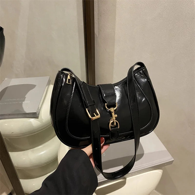 Minimalist Patent Leather Baguette Shoulder Bag with Everyday Compact Design