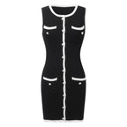 Chic Black Contrast-Trim Sleeveless Mini Dress with Faux Button Detailing