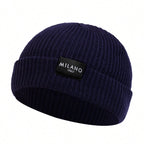 Minimalist Ribbed Polyester Knit Beanie with Woven Patch for Casual Streetwear Everyday Style