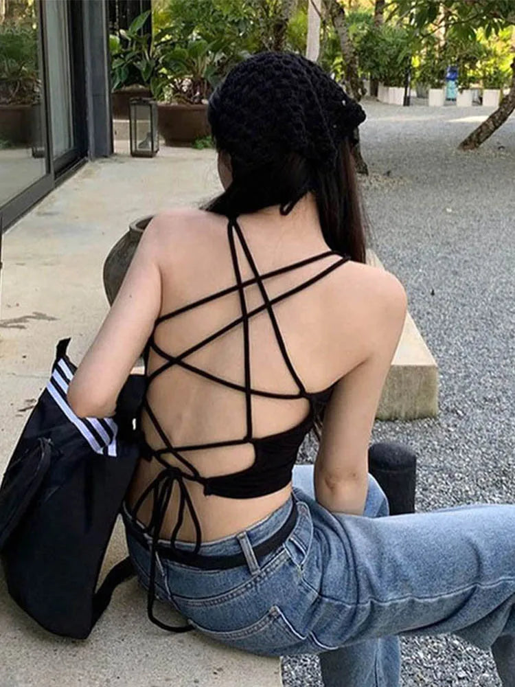 Backless Cross Strap Crop Top with Slim Fit Contemporary Streetwear Summer Design