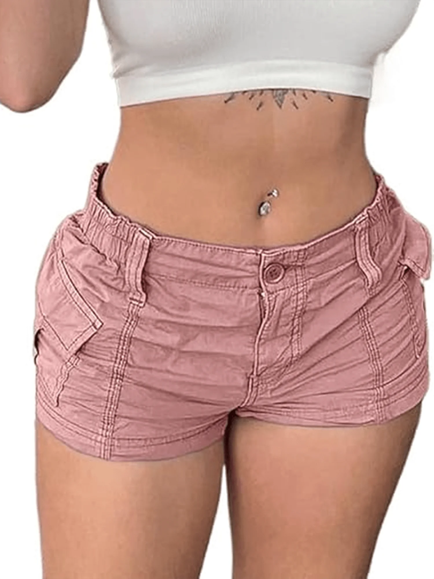 Women's Low Rise Cargo Shorts with Elastic Waist Utility Pockets and Relaxed Casual Fit
