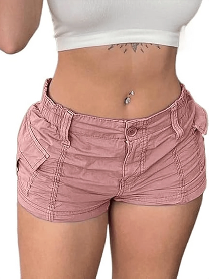 Women's Low Rise Cargo Shorts with Elastic Waist Utility Pockets and Relaxed Casual Fit