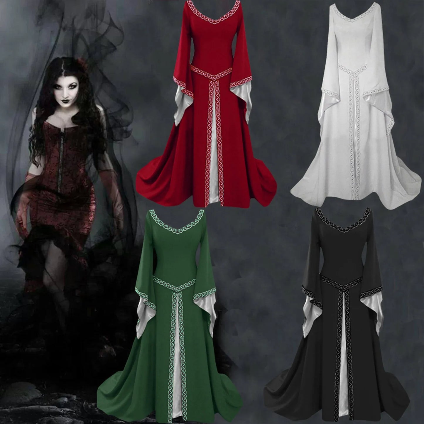 Elegant Medieval Inspired Gothic Maxi Dress with Fantasy Alternative Style