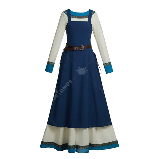 Women's Medieval Linen Blend Dress Set with Apron Layer, Belt and Long Sleeve Design