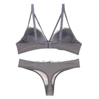 Sophisticated Navy Blue Embroidered Push-Up Bra and Thong Set with Strappy Accents