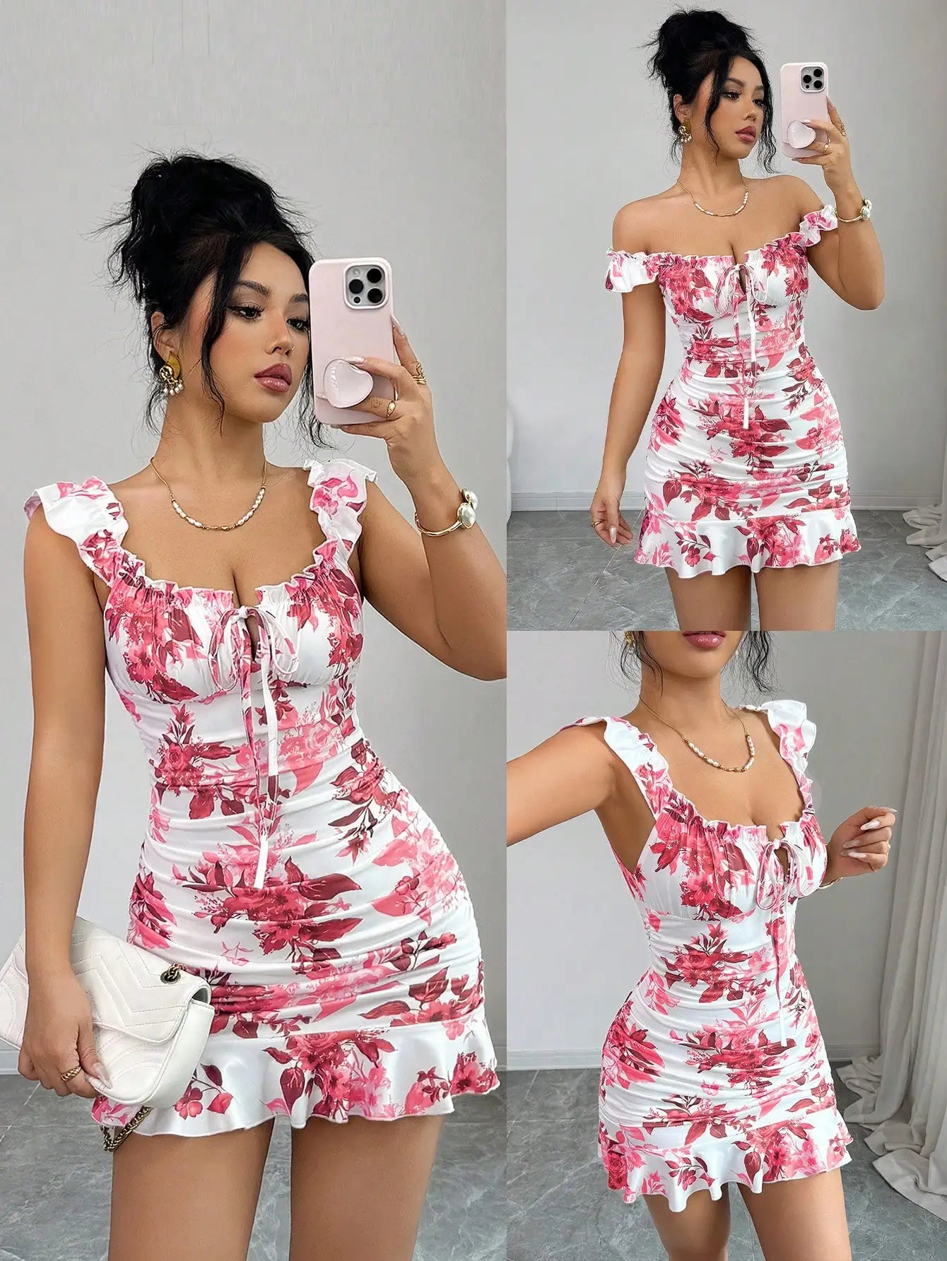 Off Shoulder Ruffle Mini Dress with Smocked Waist and Flared Hem