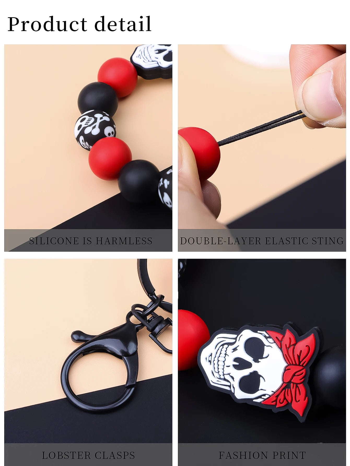 Skull Charm Beaded Keychain Bracelet Set for Gothic Alternative Styling