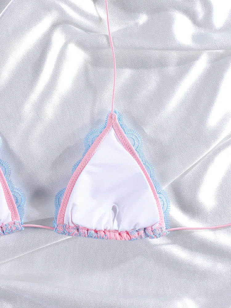 Pink and Blue Lace-Trimmed Triangle String Bikini Set
