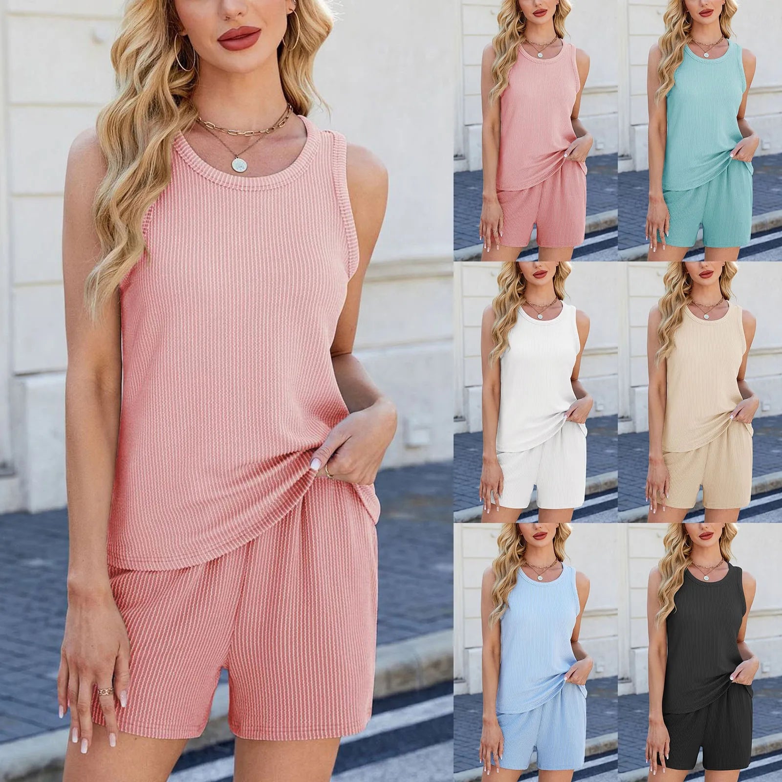 Ribbed Sleeveless Top and Drawstring Shorts Casual Co-Ord Set