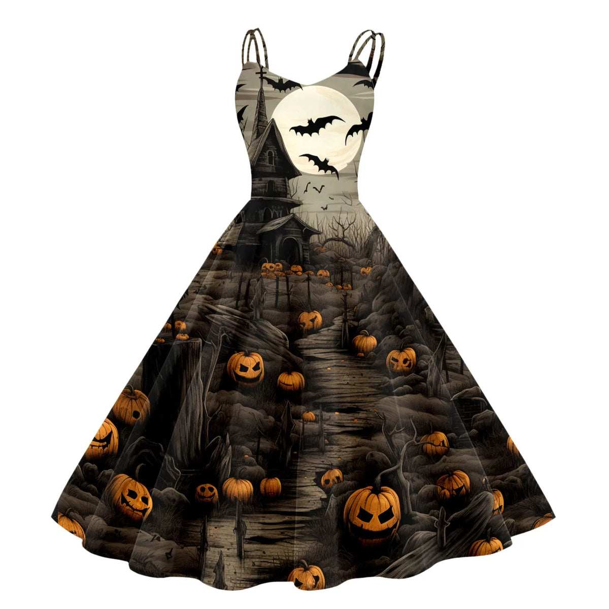 Halloween Graveyard Print Flared A-Line Dress with Double Spaghetti Straps