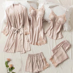 Elegant 5-Piece Burgundy Satin-Finish Sleepwear Collection with Delicate Lace Trim