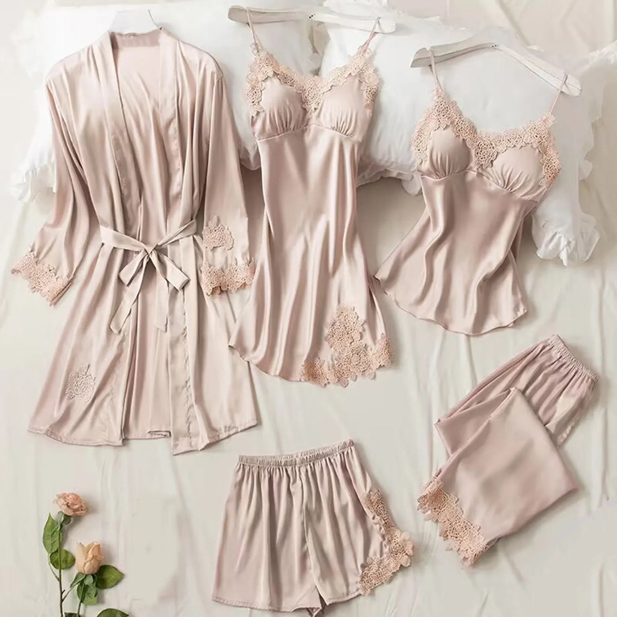 Elegant 5-Piece Burgundy Satin-Finish Sleepwear Collection with Delicate Lace Trim