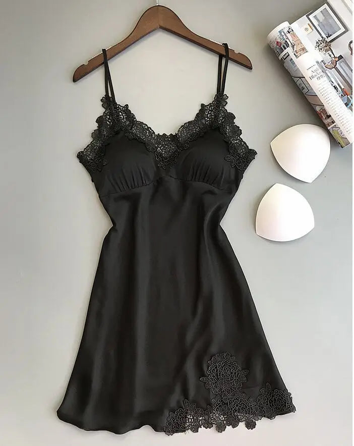 Elegant Smooth Knit Slip Dress with Lace Neckline and Removable Padding