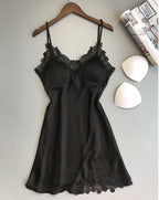 Elegant Smooth Knit Slip Dress with Lace Neckline and Removable Padding