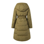 Women's Long Hooded Belted Puffer Coat with Quilted Design Mid-Length Winter Streetwear Outerwear