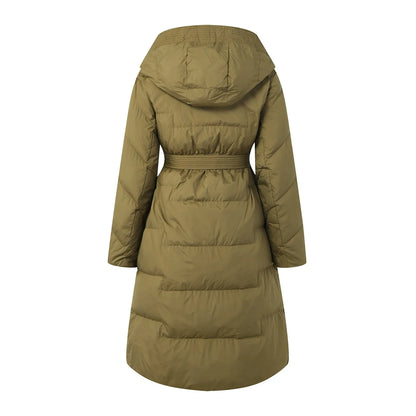 Women's Long Hooded Belted Puffer Coat with Quilted Design Mid-Length Winter Streetwear Outerwear