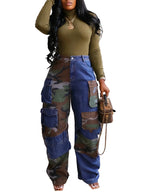Women's High Waist Patchwork Cargo Denim Jeans with Multi-Pocket Relaxed Streetwear Fit