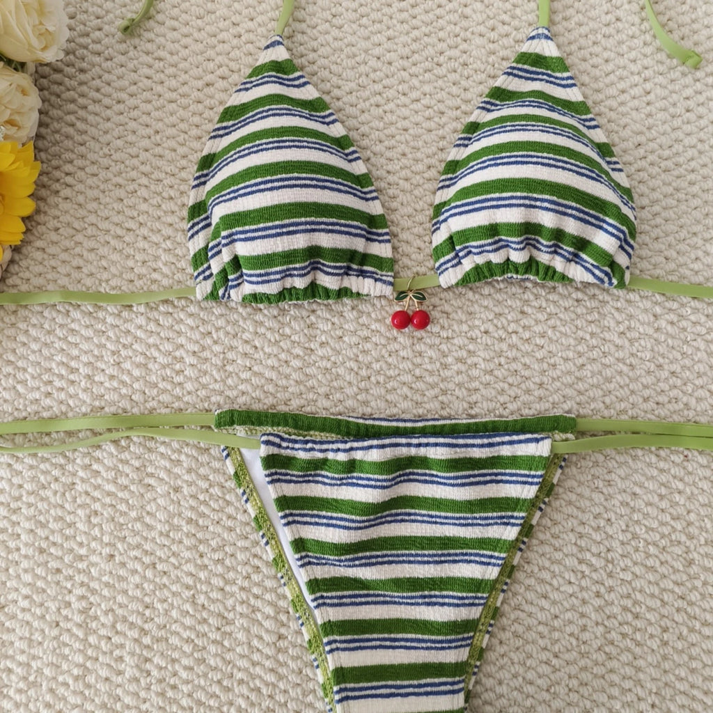 Black Triangle String Bikini with Blue Floral Print and White Contrast Binding