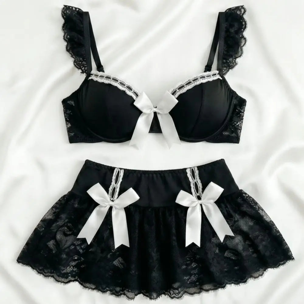 Playful Ruffled Black Lace Bralette and Mini Skirt Set with Contrast White Bows