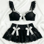 Playful Ruffled Black Lace Bralette and Mini Skirt Set with Contrast White Bows