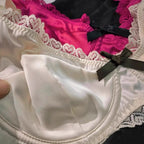 Sleek Black Satin-Finish Underwire Bra Set with Pink Ribbon Accents