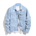 Men's Distressed Denim Jacket with Layered Patchwork Streetwear Design